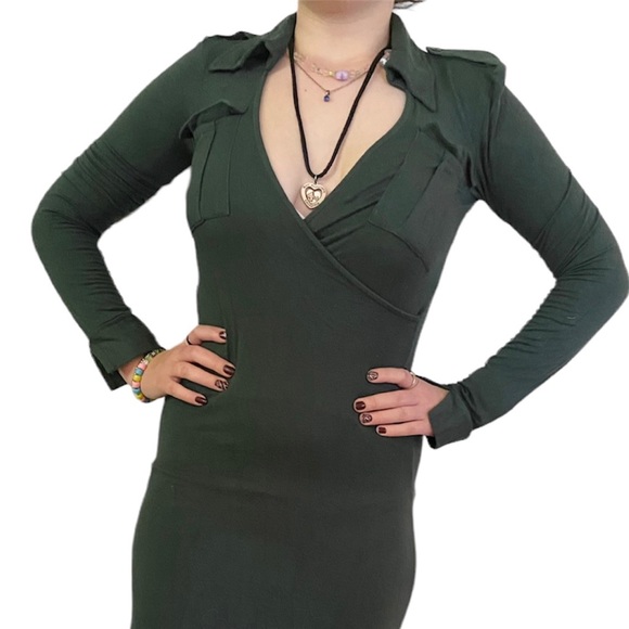 Vintage H&M Dress Khaki Green Midi XS Long Sleeve V-neck Bodycon Stretchy Y2K - Picture 3 of 4
